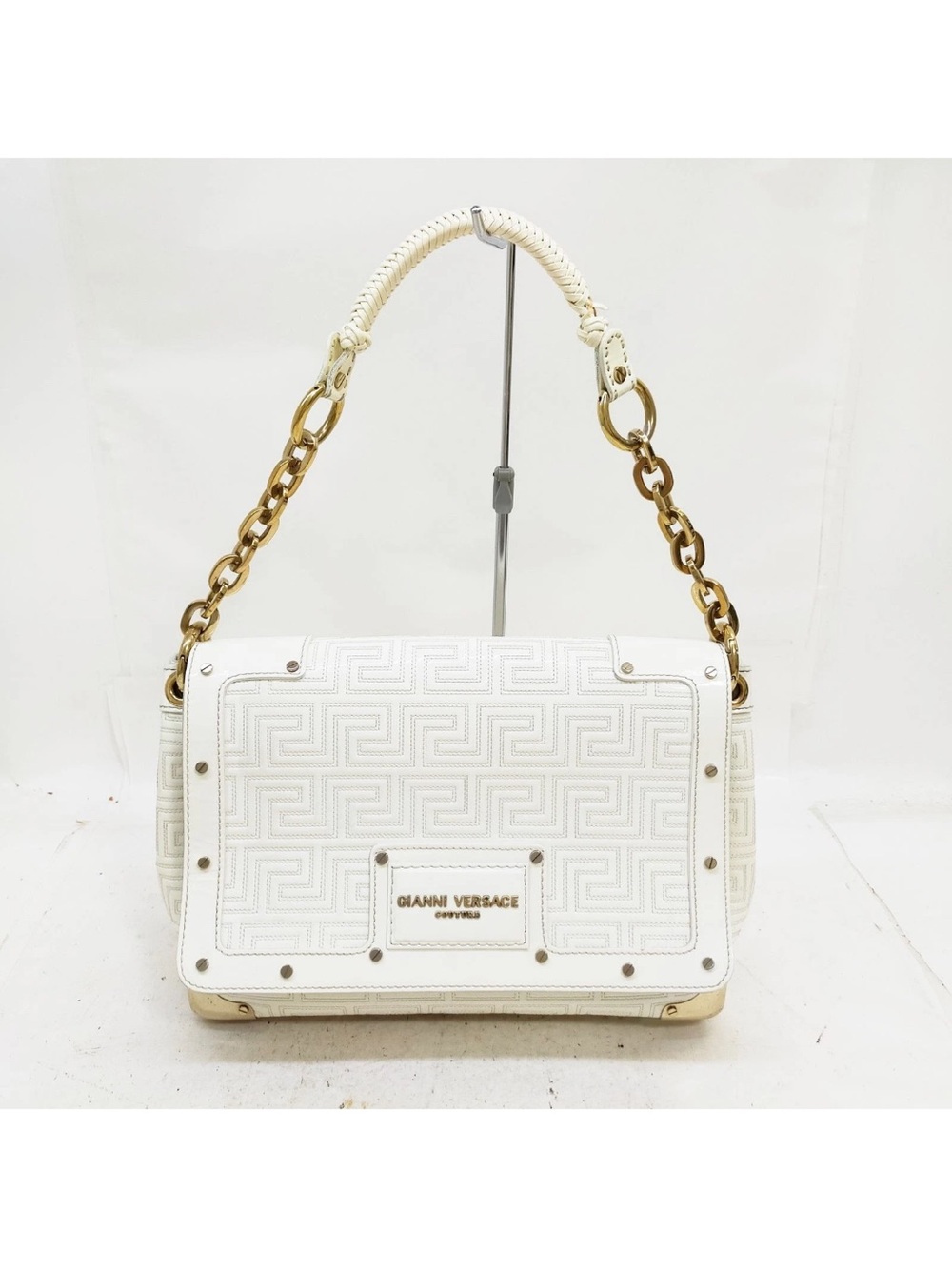 Gianni Versace White Patent Leather Shoulder Bag Greek Key Pattern EUC